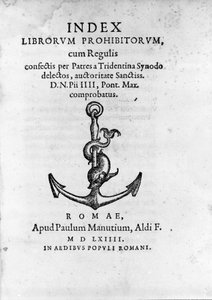 Frontispice of Index Librorum Prohibitorum (Indeks Ksiąg Zabronionych lub Index Exurgatorius) opublikowany w Rzymie w 1564 r. Wymienia on książki, których rzymskokatolicy nie mogli czytać. autorstwa Unknown artist
