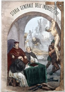 Frontyspicjum Historii Ogólnej Inkwizycji autorstwa Pietro Tamburiniego z ilustracją przedstawiającą sceny symbolicznej inkwizycji. Mediolan 1850. autorstwa Unknown artist