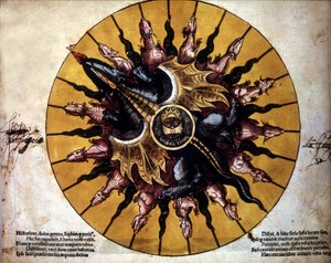 Frontyspicjum przedstawiające słońce - w Astronomicum Caesarium, traktacie astronomicznym dotyczącym teorii Ptolemeusza, autorstwa P. Apiano. autorstwa Unknown artist