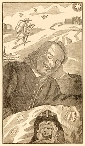 Frontyspis z książki Johna Bunyana (1628-1688) The Pilgrims Progress From This World, To That Co Ma Nadejść, ukazujący marzenie autora o pielgrzymującym chrześcijaninie obciążonym wiedzą o swoim grzechu autorstwa Unknown