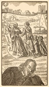 Frontyspis z drugiej części Wędrówki pielgrzymów z tego świata, do tego, co ma nadejść autorstwa Johna Bunyana (1628-1688) przedstawiający autora marzącego o rodzinie chrześcijan, jego żonie Christianie i autorstwa Unknown