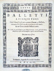 Frontyspis Balletti na pięć głosów Giovanniego Giacomo Gastoldi autorstwa Unknown artist