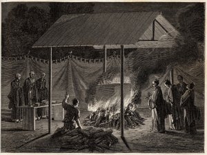 Ceremonie pogrzebowe: rytualne spopielanie. Rycina ilustrująca podróż do Japonii w latach 1863-1864, autorstwa Aime Humberta, ministra Konfederacji Szwajcarskiej, w „Le tour du monde, nouveau journal des voyages”, wydanej pod kierunkiem Edouarda Chartona autorstwa Unknown artist