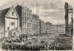 Pogrzeb cesarza Meksyku Maksymiliana I (1832-1867): przyjazd konduktu pogrzebowego przed wiedeńskim kościołem kapucynów. Grawer w „”L