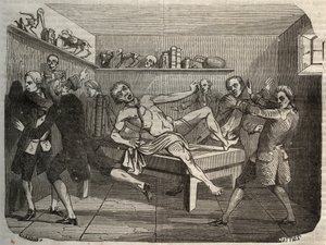 Galwanizacja zwłok kata za pomocą stosu Alessandro (Alexandre) Volty: pod wpływem elektryczności zwłoki wydają się wracać do życia. Grawer z 1856 r. w „Le Musee Des Sciences”” autorstwa Unknown artist