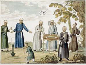 Gry i mężczyźni pijący herbatę w Chinach - s.d, grav. autorstwa Unknown artist