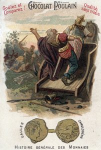Galowie Aulerque: Bitwa pod Lutecją między Camulogene i Labienus w 53 pne. W ogólnej historii monet. Chromolitografia czekoladowo-źrebięca z końca XIX wieku. Prywatna kolekcja. autorstwa Unknown artist