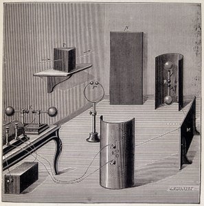 Ogólny układ eksperymentów Heinricha Hertza (1857-1894) na falach elektrycznych - w „” Physique populaire” Emile Desbeaux, Flammarion autorstwa Unknown artist