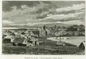 Widok ogólny Reykjaviku. Grawerowanie ilustrujące historię Nowa wyprawa profesora Nilsa Adolfa Erika (Erica) Barona Nordenskjolda (Nordenskiolda) (1832-1901) na Grenlandię, Charlesa Rabota, w tour du monde 1886, pod kierunkiem Edouarda Chara autorstwa Unknown artist