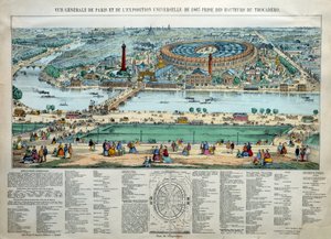 Ogólny widok Wystawy Światowej 1867 w Paryżu. Na dole: park szkoły wojskowej Champ de Mars. Grawerowanie Paryż, Musee Carnavalet autorstwa Unknown artist