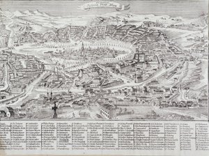 Widok ogólny Wiednia ze szczegółami głównych budynków i zabytków. Grawer Austria z prywatnej kolekcji 1800 autorstwa Unknown artist