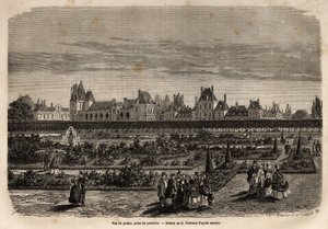 Widok ogólny pałacu i ogrodów Fontainebleau z posadzki. Rycina ilustrująca opis zamku i lasu Fontainebleau, w 1867 r., autorstwa M.Pays, w „Le tour du monde, nouveau journal des voyages”” wydanej pod tytułem dire autorstwa Unknown artist