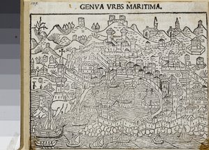 Genua, miasto morskie, z „Supplementum chronicarum”, Jacopo Filippo Foresti, Wenecja 1486 (drzeworyt) autorstwa Unknown artist