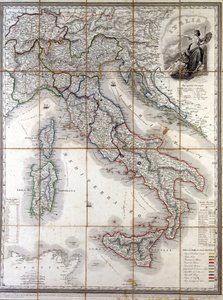 Mapa geograficzna Włoch z 1850 roku z wytyczeniem granic poszczególnych państw, które tworzyły kraj przed Risorgimento. autorstwa Unknown artist