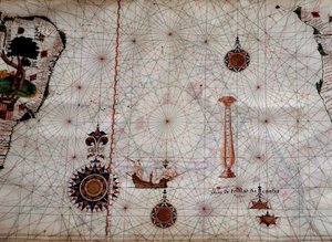 Geografia: szczegół mapy nawigacyjnej Luisa Lazare (XVI wiek) przedstawiającej wyspy archipelagu Tristan da Cunha (lub Tristan d