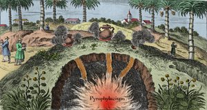 Geologia: przecinanie kory ziemi wyjaśniającej wyjście ognia z ziemi. Grawer z „Mundi Mirabilis Oeconomia”” Johanna Zahna (1631-1707) autorstwa Unknown artist