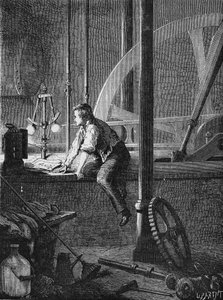 Georges Stephenson, pracownik kierowcy w Newcastle, demontuje i naprawia swój silnik parowy. W „Albumie nauki””, Éditions Jouvet autorstwa Unknown artist