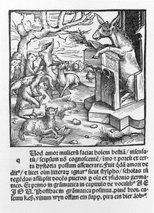 Niemiecki inkunabuł przedstawiający osła uczącego klasę leśnych zwierząt. 1490. autorstwa Unknown artist