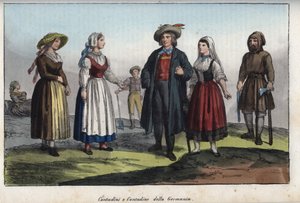 Chłopi niemieccy - grawerowanie z „Zwyczajów i zwyczajów wszystkich narodów wszechświata”. Czyli Historia rządu, praw, milicji, religii wszystkich narodów od czasów najdalszych do dnia dzisiejszego „1856 autorstwa Unknown artist