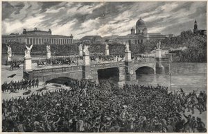 Niemieccy robotnicy, buntujący się w Berlinie, są usuwani przez policję, aby umożliwić przejazd cesarzowi Wilhelmowi autorstwa Unknown artist