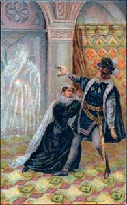 Gertruda, Hamlet i duch ojca Hamleta. W „Hamlecie” Williama Szekspira. Chromolitografia z końca XIX wieku. autorstwa Unknown artist