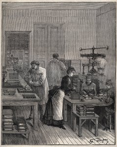 Złocenie książek (okładek) w żelazie w warsztacie we Francji w XIX wieku. Grawer z 1885 roku w „Les arts et metiers illustres” Adolphe BITARD. autorstwa Unknown artist