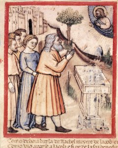 Bóg ukazuje się Jakubowi po zbudowaniu miniaturowego ołtarza z kodeksu 212 (lub kodeksu Padovano lub Biblii z Padwy) 1390-1400 Rovigo, Accademia dei Concordi autorstwa Unknown artist