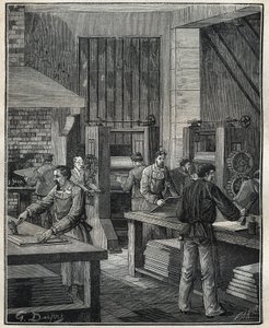 Złotnik: przygotowanie płyty, przygotowanie metalu do wykonania specjalnego srebra. Grawer z 1885 roku w „Les arts et metiers illustres” Adolphe BITARD. autorstwa Unknown artist