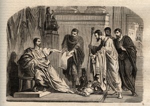 Gordian I (158-238) odmawiający godności cesarskiej - Gordian I (Marcus Antonius Gordianus Sempronianus Romanus Romanus Africanus) odmawiający godności cesarskiej - rycina w "Dictionnaire populaire illustrious" - 1864 - Joseph Decembre i Edmond Allonier - autorstwa Unknown artist