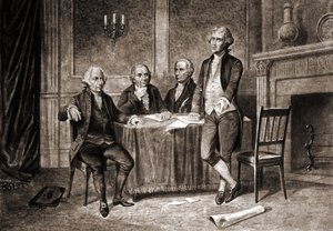 Gubernator Morris (1752-1816) z Adamsem, Hamiltonem i Jeffersonem. autorstwa Unknown artist