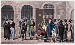 Więzienie w Wielkiej Brytanii: wyrok śmierci zostaje wydany w więzieniu Newgate w Londynie (często wspominanym w powieściach Charlesa Dickensa). Rycina ok. 1823 r. Bilbioteka Sztuk Zdobniczych. autorstwa Unknown artist