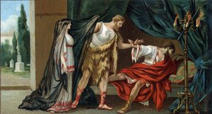 Wielkie tragedie greckie: „Alceste” Eurypidesa. Apollo uzyskał od Parques, że Admete, drogi mu król Feres, nie umrze, jeśli w dniu jego trepas ktoś zgodzi się umrzeć za niego. Żona Admete, Alceste, wstała, by go uratować autorstwa Unknown artist