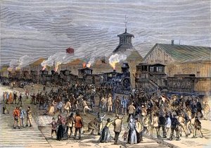 Wielki strajk kolejowy w 1877 r. Blokada silników w Martinsburgu w Wirginii Zachodniej autorstwa Unknown artist