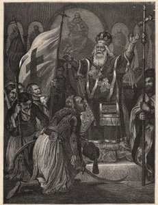 Grecka wojna o niepodległość 1821 - 1829: biskup Germanos (Germain) III ze Starego Patras (Georgios Gotzias) błogosławiący flagę walki o wolność, klasztor Agia Lavra (Sainte Laure du Peloponez), 21 marca 1821 - rycina po malowaniu autorstwa Unknown artist
