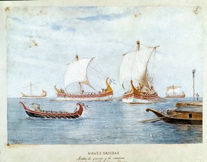 Greckie okręty wojenne i handel (akwarela autorstwa Unknown artist