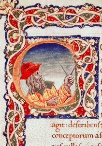 Grecki astronom Claude Ptolemee (Claudius Ptolemaeus) (około 90-około 168 AD) używający komppasa do obliczeń Miniatura zaczerpnięta z „” Cosmographia”” (Pani V.F. 32 f.2r) Neapol, Biblioteka Narodowa autorstwa Unknown artist