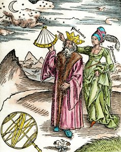 Grecki astronom Claude Ptolemee (Claudius Ptolemaeus) (około 90-około 168 AD) używając sekstantu i astronomii. Grawer z 1503. Kolekcja prywatna autorstwa Unknown artist