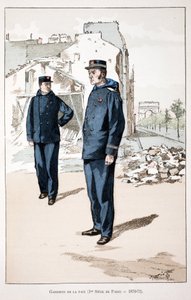Strażnicy Pokoju (pierwsza siedziba Paryża 1870-1871). Akwaforta w kolorach, dla ilustracji „Historia Korpusu Strażników Pokoju””” wydana pod auspicjami Louisa Lepine’a (1846-1933) prefekta policji nad Sekwaną, autorstwa Alfreda Reya (1864-? autorstwa Unknown artist