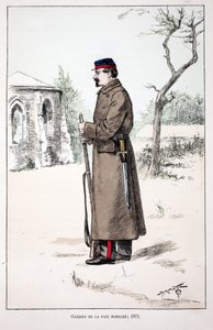 Mobilizują się Strażnicy Pokoju (1871). Akwaforta w kolorach, dla ilustracji „Historia korpusu sił pokojowych””” książka wydana pod auspicjami Louisa Lepine’a (1846-1933) prefekta policji nad Sekwaną, autorstwa Alfreda Reya (1864-?) i Louisa F. autorstwa Unknown artist