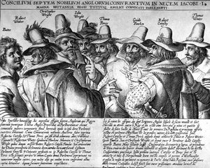Proch strzelniczy: Bates, Robert Winter, Christopher Wright, John Wright, Thomas Percy, Guido Fawkes, Thomas Winter autorstwa Unknown artist