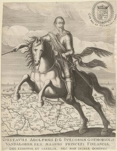 Gustaw II Adolf przed mapą Pomorza w tle. 1630 autorstwa Unknown