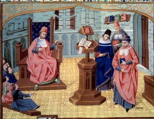 Facet od nauczyciela Chirugian Chauliac. Po jego prawej stronie 6 słuchaczy, po lewej 3 postacie podsumowujące historię medycyny: Claude Galien (131-201), grecki lekarz starożytności, Abu Ali al-Husayn ibn 