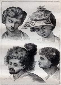 Fryzury mieszkańców Taiti (Tahiti) - ilustracja zaczerpnięta z „Wielkich Marynarzy XVIII wieku”” autorstwa Unknown artist