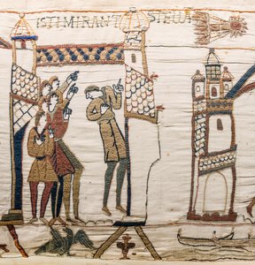 Kometa Halleya i Harold odbierają złe wieści, gobelin z Bayeux (haft wełniany na płótnie) autorstwa Unknown artist