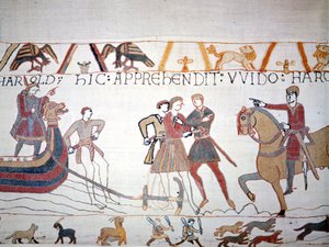 Harold II (1022-1066) wylądował w Normandii, gdzie został schwytany przez Wilhelma I Zdobywcę (1027-1087). Gobelin z Bayeux, znany jako Haft królowej Matyldy autorstwa Unknown artist