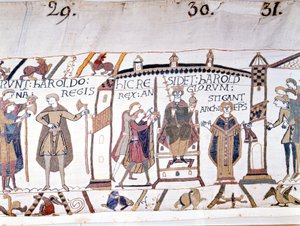 Harold II (1022 - 1066) został ogłoszony królem po śmierci Edwarda Wyznawcy w 1066, ale wkrótce zginął w bitwie pod Hastings. Gobelin z Bayeux lub Haft królowej Matyldy autorstwa Unknown artist