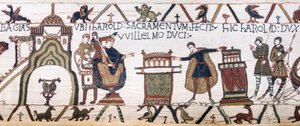 Harold składa świętą przysięgę Williamowi w Bayeux, Bayeux Tapestry (haft z wełny na płótnie) autorstwa Unknown artist