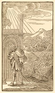 Ten, który wejdzie, musi najpierw bez Stania pukać do Bramy… z „Pielgrzymów Postępu z tego świata, do tego, który ma nadejść” Johna Bunyana (1628-1688) Pielgrzym dociera do wejścia do autorstwa Unknown