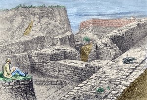 Heinrich Schliemann wykonujący rysunki murów Troi (Hissarlik) podczas wykopalisk autorstwa Unknown artist