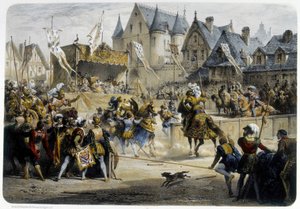Henri II (1519 - 1559) ranny śmiertelnie przez Montgomery podczas turnieju 29 czerwca 1559, rue St Antoine, przed Palais des Tournelles - litografia autorstwa Unknown artist
